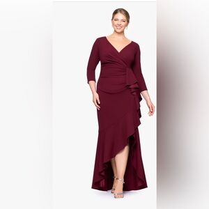 PLUS "PAULINE" SCUBA CREPE 3/4 SLEEVE RUFFLE FLOOR LENGTH DRESS